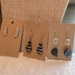 💐5/25 3 pair earrings rhinestone bar natural shell glass art beads